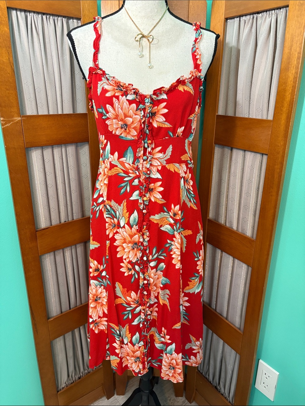 Forever 21 Red Floral Ruffled Midi Dress